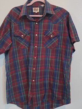 VTG Mens Ely Cattleman Western Pearl Snap  Size L Short Sleeve Blue/red Plaid
